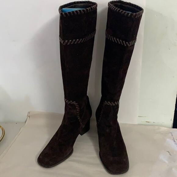 YVES SAINT LAURENT BLACK SUEDE BRAIDED LEATHER TRIM TALL BOOTS‎ SIZE 8M - Picture 1 of 7